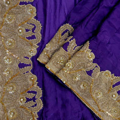 Indian Vintage Heavy Wedding Purple Dupatta Pure Satin Silk Long Stole Hand Embroidered Scarves Golden Zardozi Veil