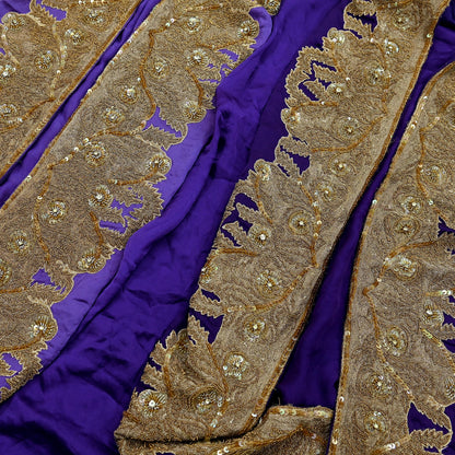 Indian Vintage Heavy Wedding Purple Dupatta Pure Satin Silk Long Stole Hand Embroidered Scarves Golden Zardozi Veil