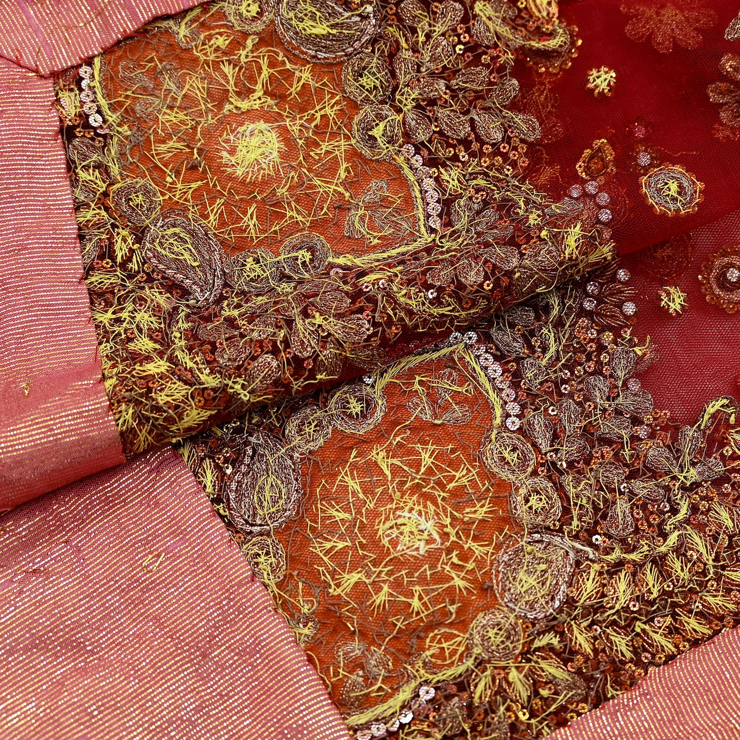 Indian Vintage Heavy Bridal Red Dupatta Net Mesh Long Stole Hand Embroidered Scarves Golden Zardozi Dabka Zari Sequins Wedding Veil Hijab