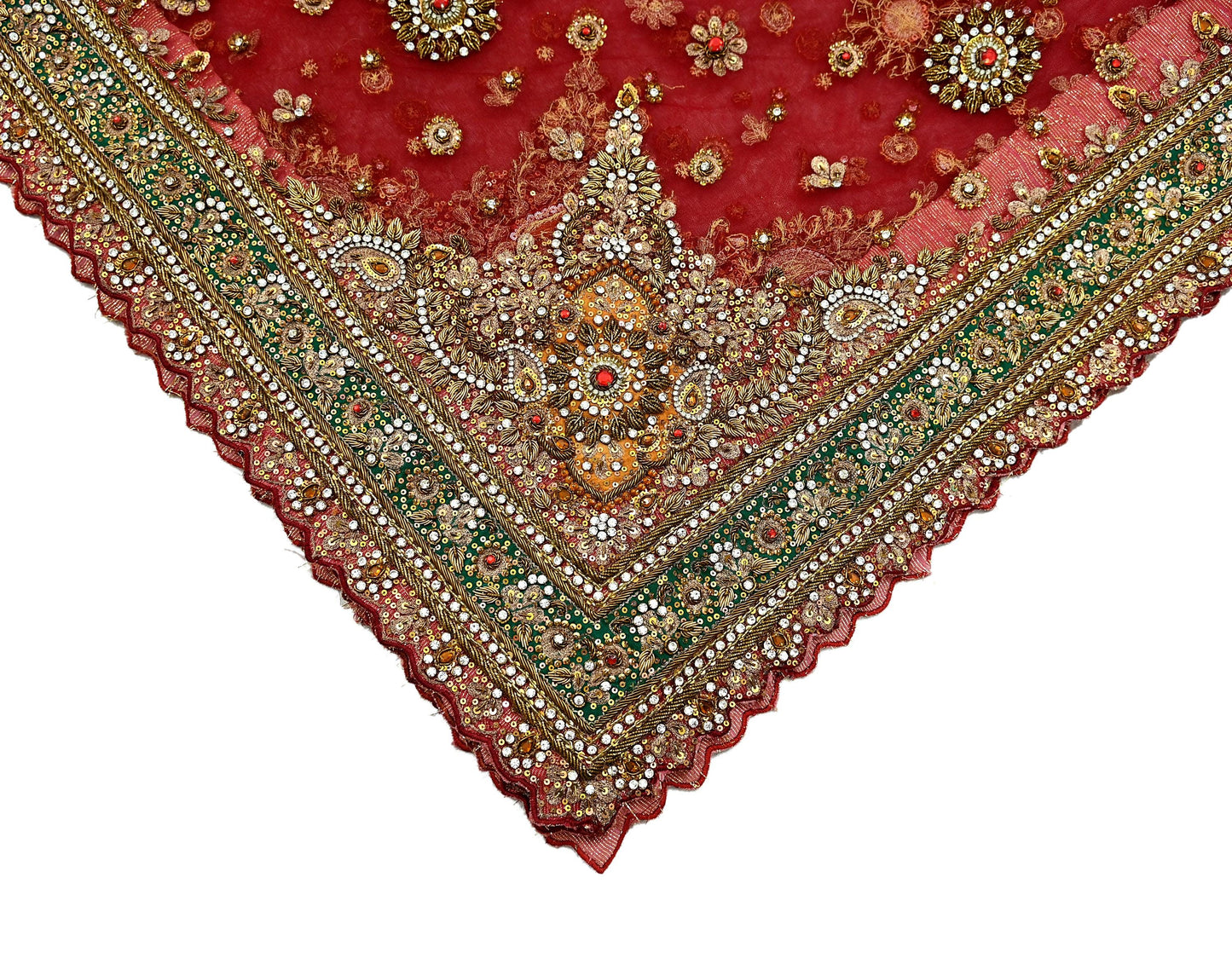 Indian Vintage Heavy Bridal Red Dupatta Net Mesh Long Stole Hand Embroidered Scarves Golden Zardozi Dabka Zari Sequins Wedding Veil Hijab