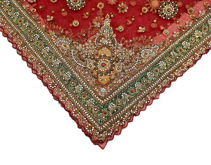 Indian Vintage Heavy Bridal Red Dupatta Net Mesh Long Stole Hand Embroidered Scarves Golden Zardozi Dabka Zari Sequins Wedding Veil Hijab