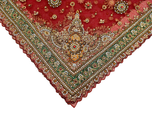Indian Vintage Heavy Bridal Red Dupatta Net Mesh Long Stole Hand Embroidered Scarves Golden Zardozi Dabka Zari Sequins Wedding Veil Hijab