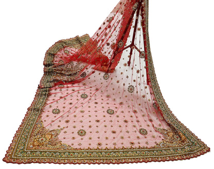 Indian Vintage Heavy Bridal Red Dupatta Net Mesh Long Stole Hand Embroidered Scarves Golden Zardozi Dabka Zari Sequins Wedding Veil Hijab