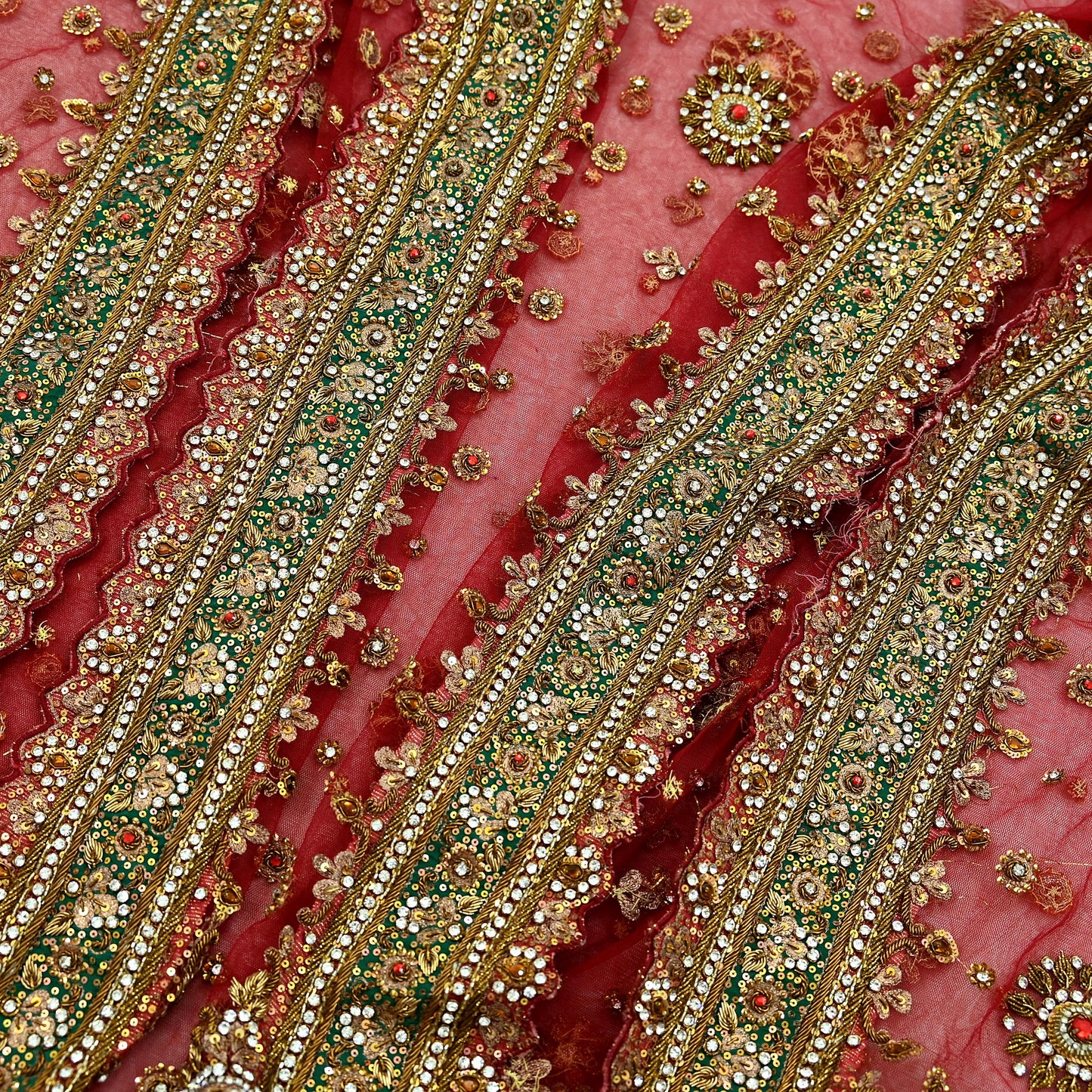 Indian Vintage Heavy Bridal Red Dupatta Net Mesh Long Stole Hand Embroidered Scarves Golden Zardozi Dabka Zari Sequins Wedding Veil Hijab