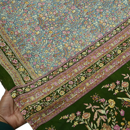 Indian Vintage Sari Green & Gray Pure Silk Printed Sarees Craft Fabric 5yd Sewing Dress Making Soft Floral Crafting Quilting Upcycle Used