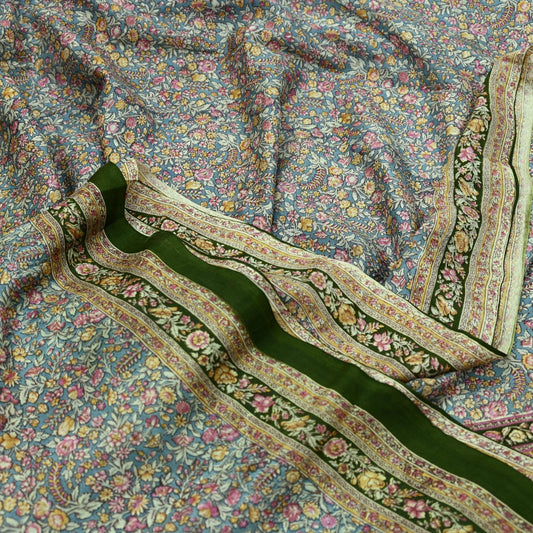 Indian Vintage Sari Green & Gray Pure Silk Printed Sarees Craft Fabric 5yd Sewing Dress Making Soft Floral Crafting Quilting Upcycle Used