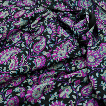 Indian Vintage Black Saree Pure Silk Block Printed Sari Craft Fabric 5yd Sewing DressMaking Soft Floral Quilting Crafting Upcycle