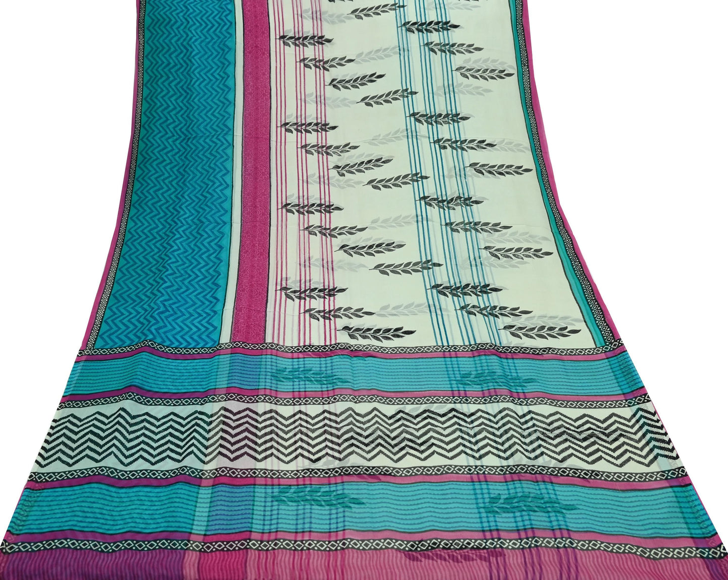 Women Vintage Blue & white Saree Pure Chiffon Silk Printed Sari Craft Fabric Sewing 6Yd Soft Light Dress Making Floral