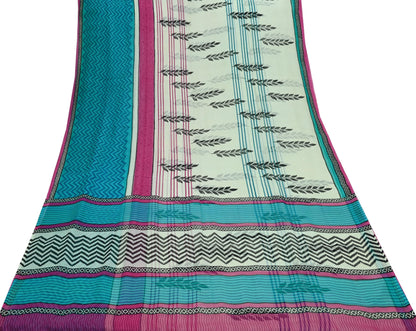 Women Vintage Blue & white Saree Pure Chiffon Silk Printed Sari Craft Fabric Sewing 6Yd Soft Light Dress Making Floral