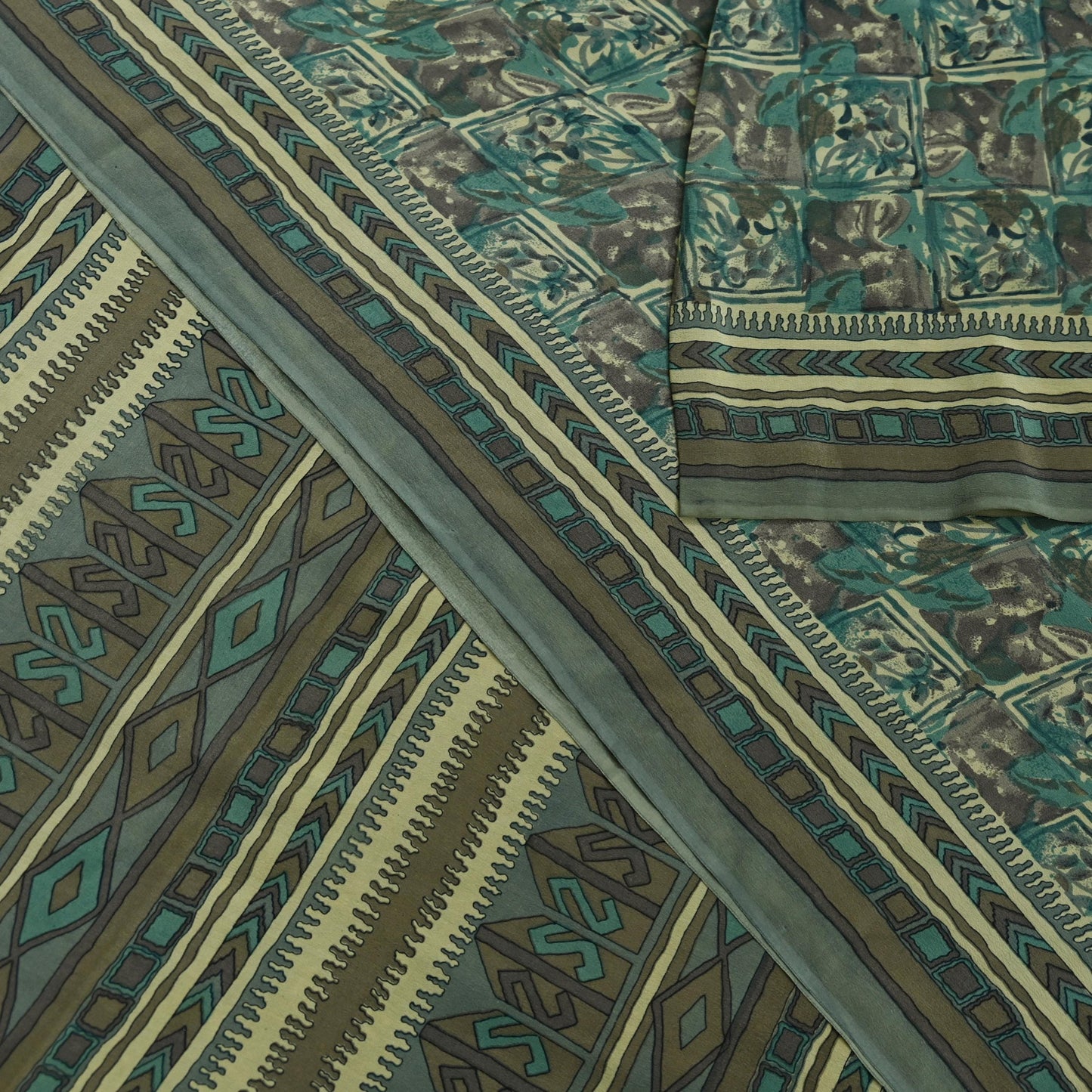 Indian Vintage Sari Brown & Beige Pure Crepe Silk Printed Sarees 5yd Sewing Craft Fabric  Floral Soft Wrap Dress making Upcycle Quilting