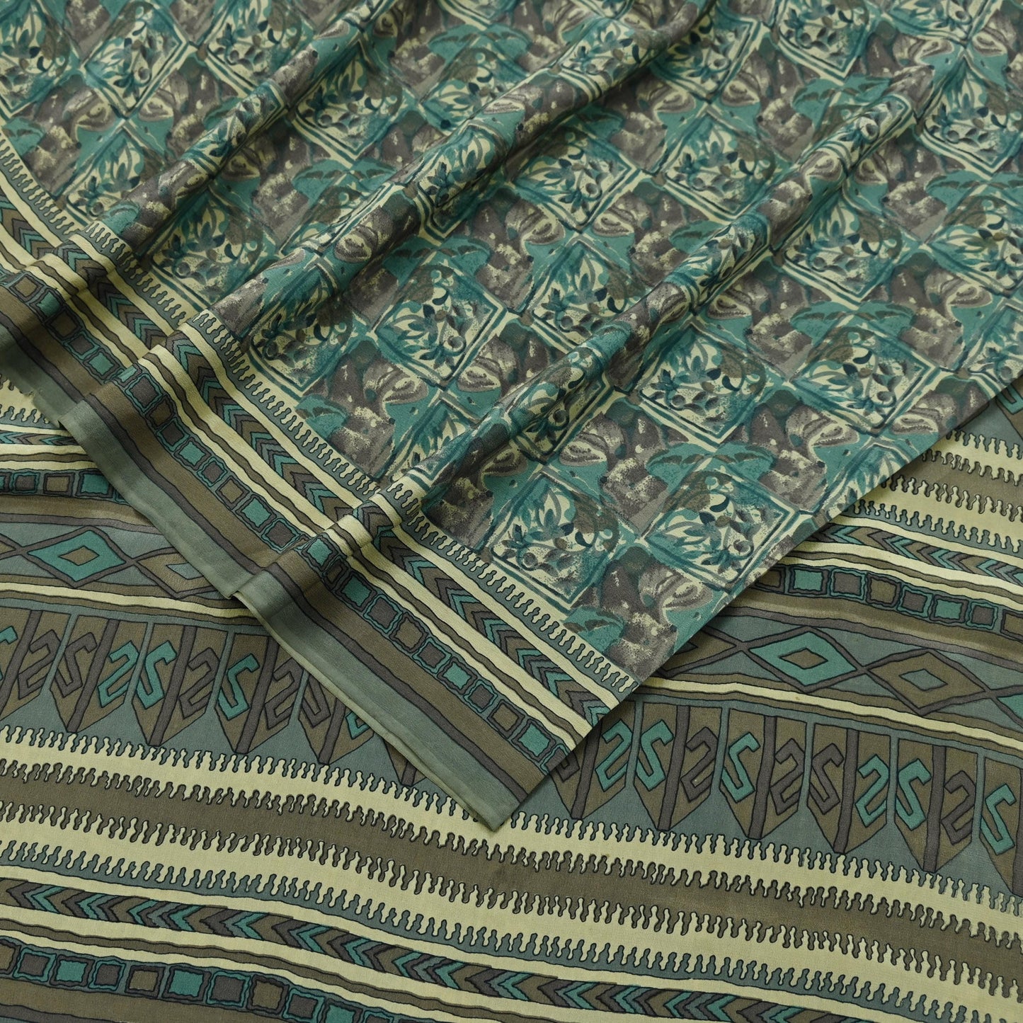 Indian Vintage Sari Brown & Beige Pure Crepe Silk Printed Sarees 5yd Sewing Craft Fabric  Floral Soft Wrap Dress making Upcycle Quilting