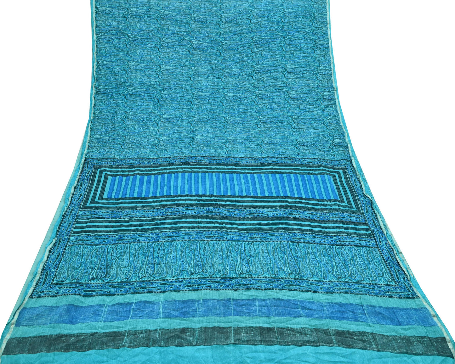 Indian Vintage Sari Blue & Green Pure Crepe Silk Printed Saree 6yd Sewing Floral Soft Craft Fabric Wrap Dress making Crafting Quilting