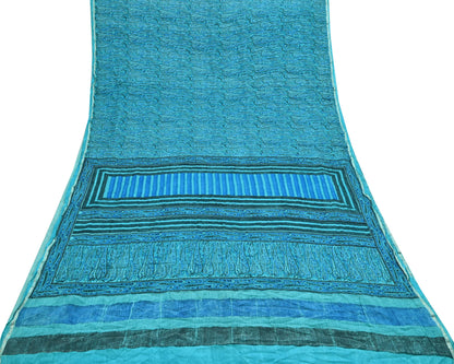 Indian Vintage Sari Blue & Green Pure Crepe Silk Printed Saree 6yd Sewing Floral Soft Craft Fabric Wrap Dress making Crafting Quilting