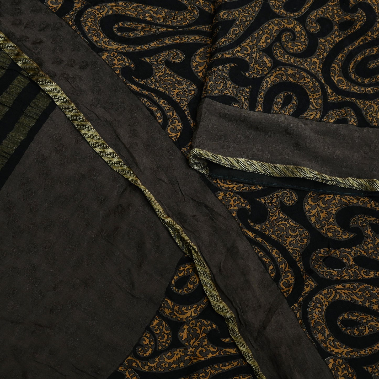 Indian Vintage Sari Brown & Black Pure Silk Printed Sarees 5yd Sewing Craft Fabric Dress Making Soft Crafting Quilting Upcycle Zari