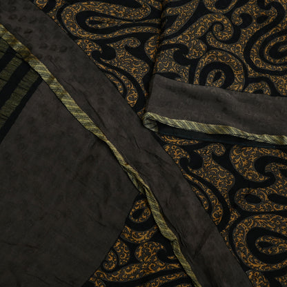 Indian Vintage Sari Brown & Black Pure Silk Printed Sarees 5yd Sewing Craft Fabric Dress Making Soft Crafting Quilting Upcycle Zari