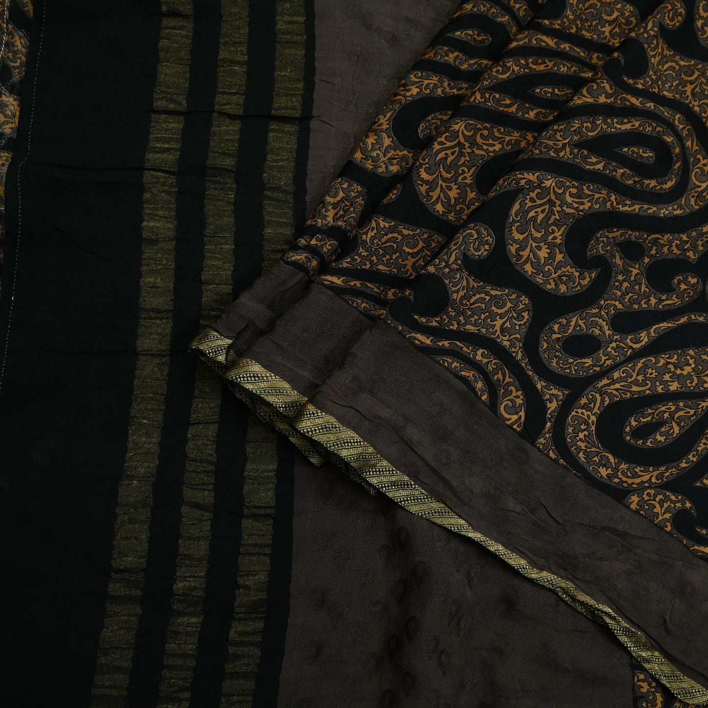 Indian Vintage Sari Brown & Black Pure Silk Printed Sarees 5yd Sewing Craft Fabric Dress Making Soft Crafting Quilting Upcycle Zari
