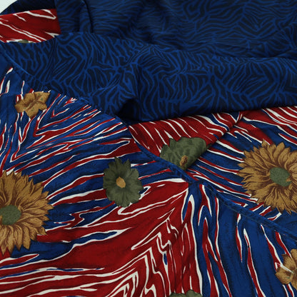 Indian Vintage Red & Blue Saree Pure Crepe Silk Printed Sari Craft Fabric 5yd Sewing Abstract Soft Craft Fabric Wrap Dress making