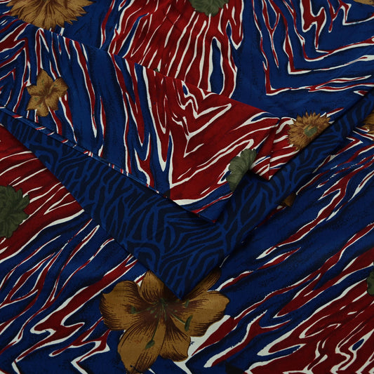 Indian Vintage Red & Blue Saree Pure Crepe Silk Printed Sari Craft Fabric 5yd Sewing Abstract Soft Craft Fabric Wrap Dress making