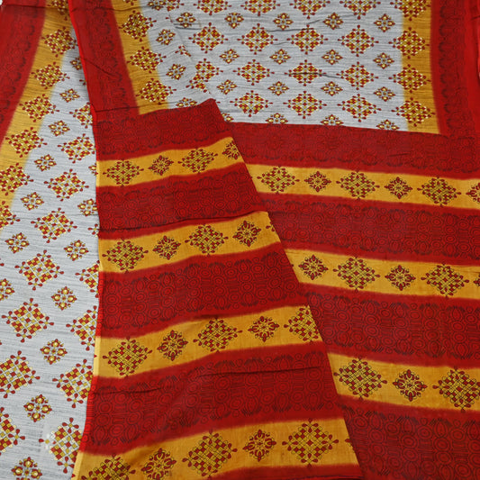 Indian Vintage Sari Red & Gray Printed Pure Cotton Sarees Craft Fabric Soft 5Yd Sewing Sarong Wrap Boho Quilting Crafting Dress making