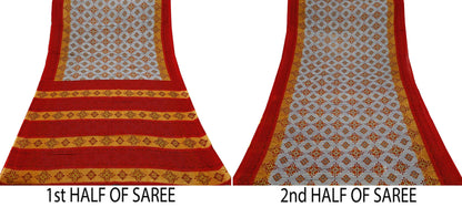 Indian Vintage Sari Red & Gray Printed Pure Cotton Sarees Craft Fabric Soft 5Yd Sewing Sarong Wrap Boho Quilting Crafting Dress making