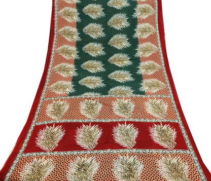 Indian Vintage Sari Green & Red Printed Pure Cotton Saree Craft Fabric 5Yd Sewing Sarong Wrap Boho Floral Crafting Upcycle Quilting Used