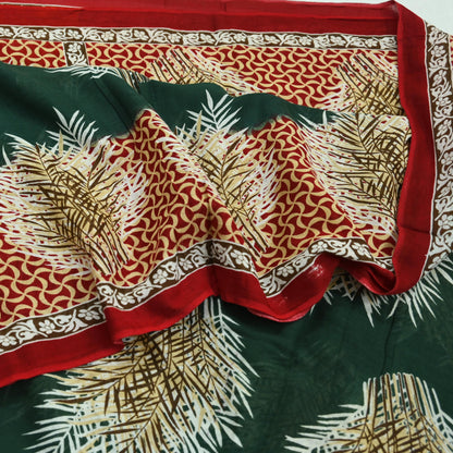 Indian Vintage Sari Green & Red Printed Pure Cotton Saree Craft Fabric 5Yd Sewing Sarong Wrap Boho Floral Crafting Upcycle Quilting Used
