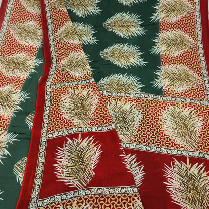 Indian Vintage Sari Green & Red Printed Pure Cotton Saree Craft Fabric 5Yd Sewing Sarong Wrap Boho Floral Crafting Upcycle Quilting Used