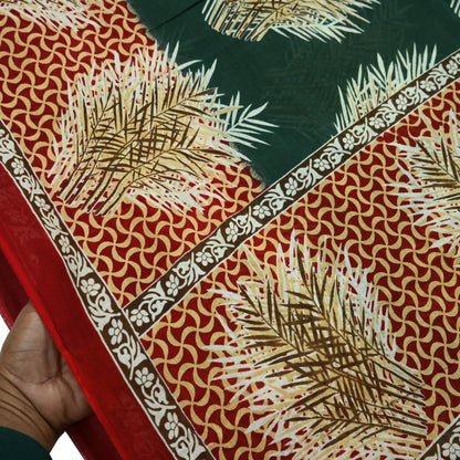 Indian Vintage Sari Green & Red Printed Pure Cotton Saree Craft Fabric 5Yd Sewing Sarong Wrap Boho Floral Crafting Upcycle Quilting Used