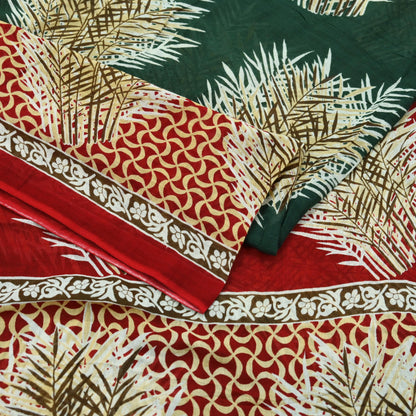 Indian Vintage Sari Green & Red Printed Pure Cotton Saree Craft Fabric 5Yd Sewing Sarong Wrap Boho Floral Crafting Upcycle Quilting Used