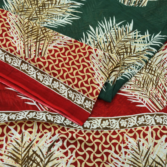 Indian Vintage Sari Green & Red Printed Pure Cotton Saree Craft Fabric 5Yd Sewing Sarong Wrap Boho Floral Crafting Upcycle Quilting Used