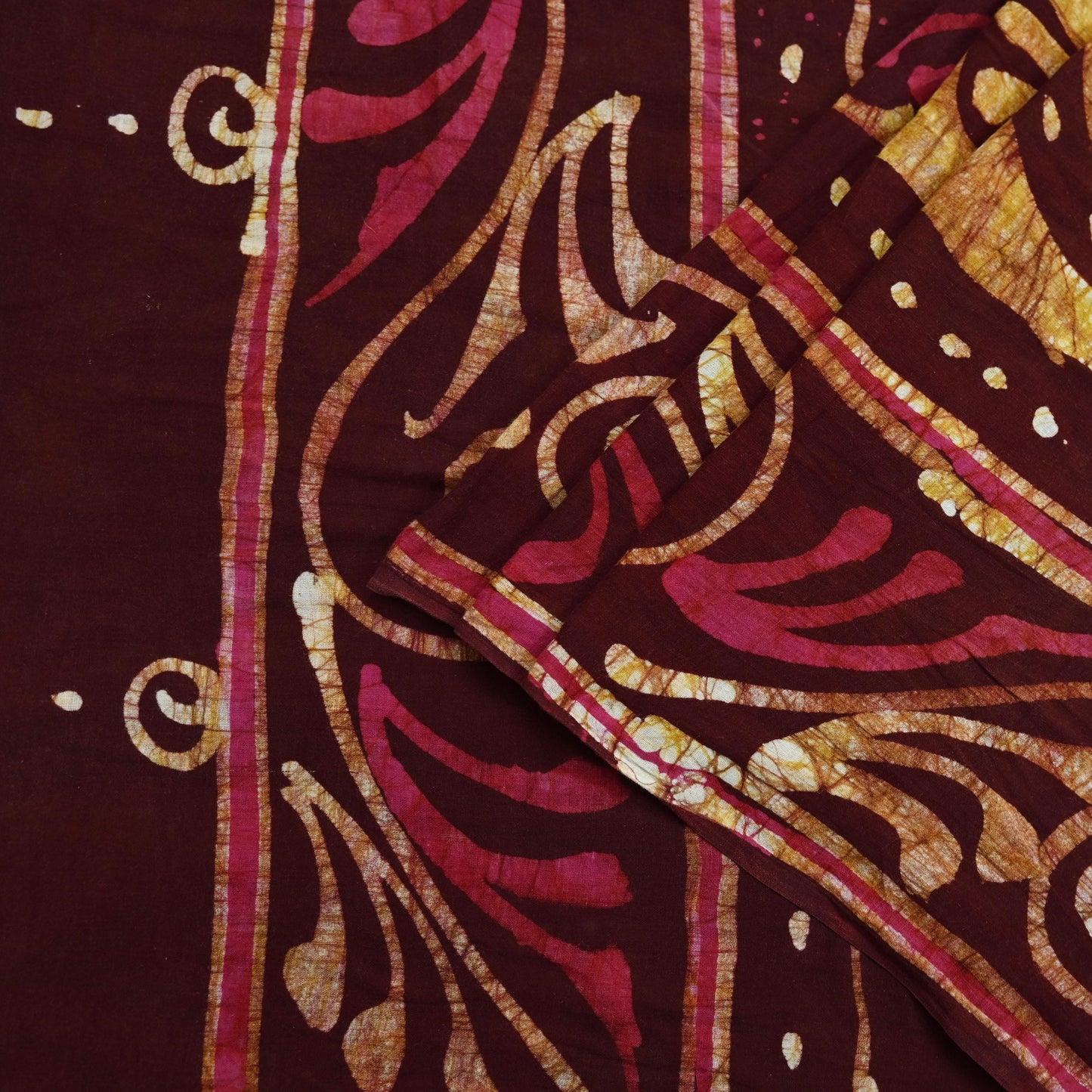 Indian Vintage Maroon & Beige Saree Batik Printed 100% Pure Cotton Indian Sari Craft Soft Fabric 5Yard Sewing Sarong Wrap Boho