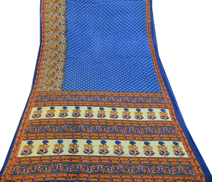 Indian Vintage Sari Blue  & Ivory Printed Pure Cotton Sarees Craft Fabric 5Yd Soft Sewing Sarong Wrap Boho Floral Quilting Crafting Upcycle