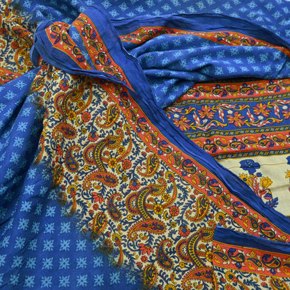 Indian Vintage Sari Blue  & Ivory Printed Pure Cotton Sarees Craft Fabric 5Yd Soft Sewing Sarong Wrap Boho Floral Quilting Crafting Upcycle