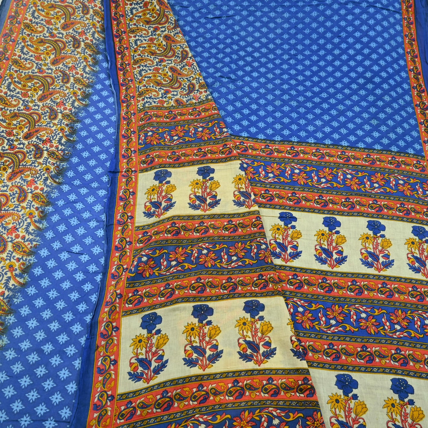 Indian Vintage Sari Blue  & Ivory Printed Pure Cotton Sarees Craft Fabric 5Yd Soft Sewing Sarong Wrap Boho Floral Quilting Crafting Upcycle