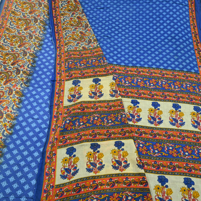 Indian Vintage Sari Blue  & Ivory Printed Pure Cotton Sarees Craft Fabric 5Yd Soft Sewing Sarong Wrap Boho Floral Quilting Crafting Upcycle