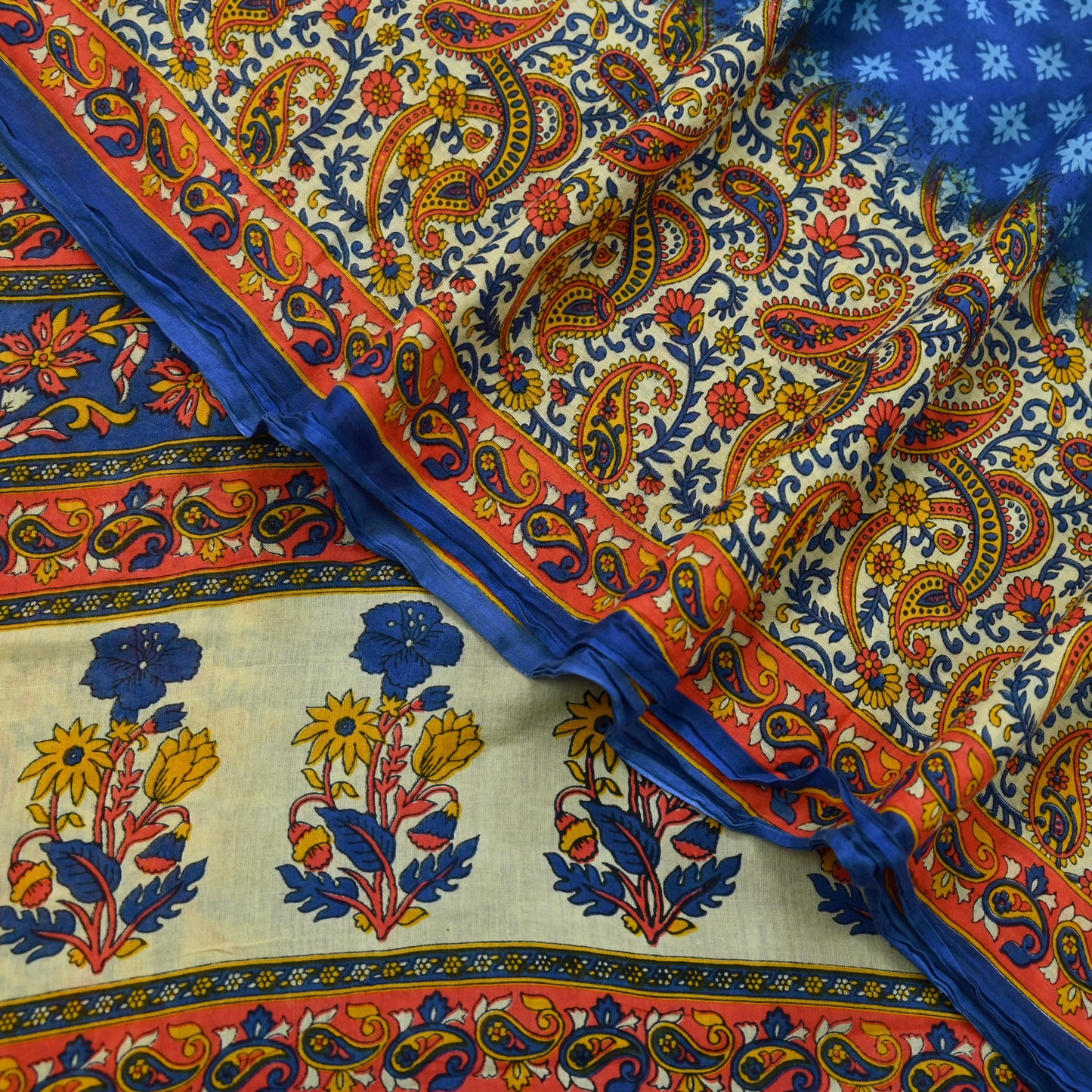 Indian Vintage Sari Blue  & Ivory Printed Pure Cotton Sarees Craft Fabric 5Yd Soft Sewing Sarong Wrap Boho Floral Quilting Crafting Upcycle
