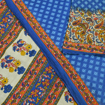 Indian Vintage Sari Blue  & Ivory Printed Pure Cotton Sarees Craft Fabric 5Yd Soft Sewing Sarong Wrap Boho Floral Quilting Crafting Upcycle