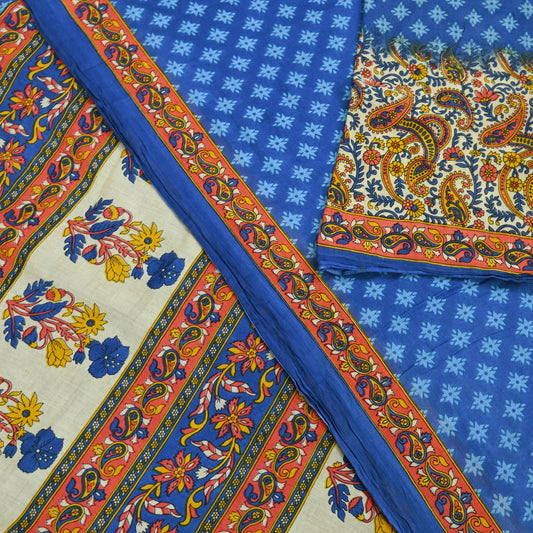 Indian Vintage Sari Blue  & Ivory Printed Pure Cotton Sarees Craft Fabric 5Yd Soft Sewing Sarong Wrap Boho Floral Quilting Crafting Upcycle