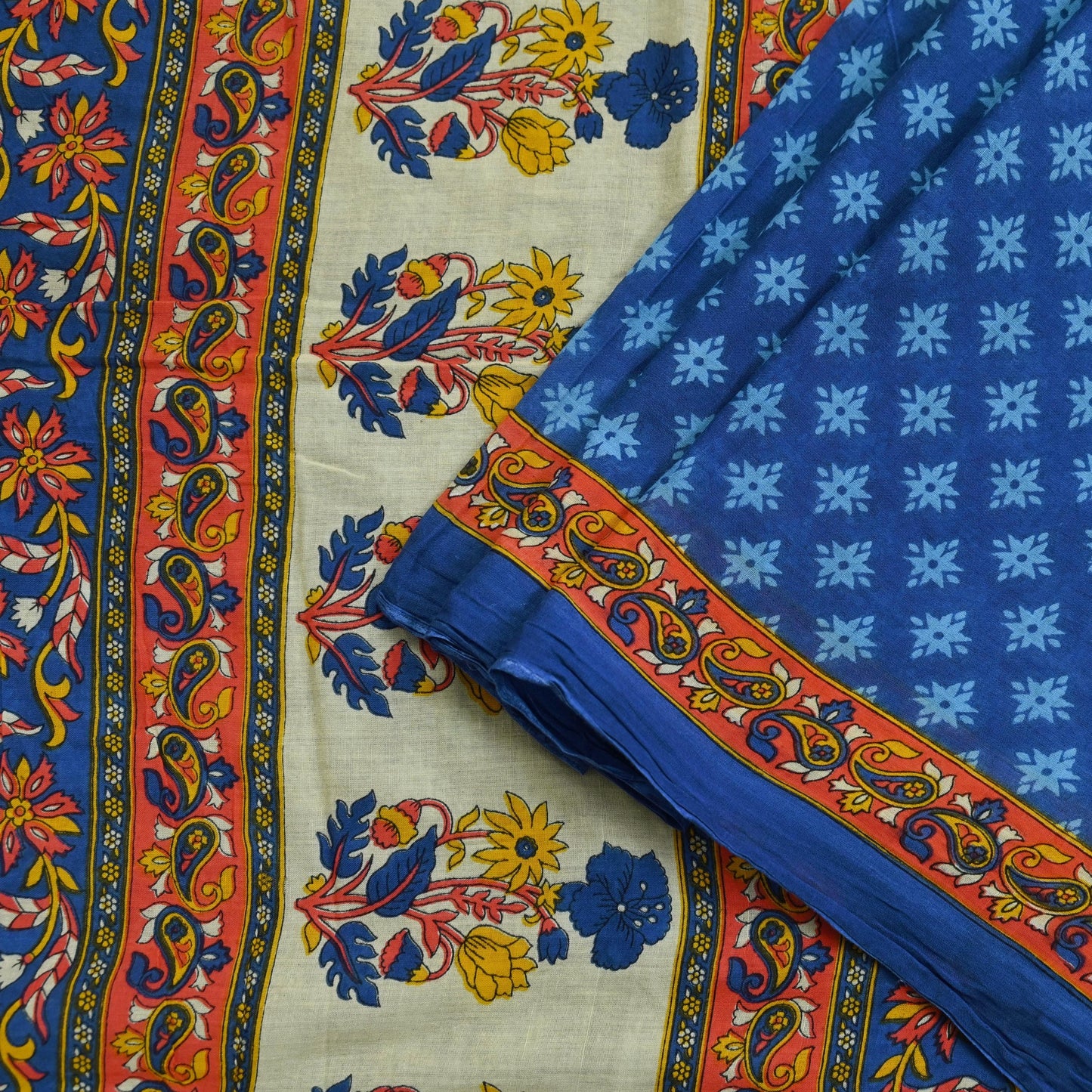 Indian Vintage Sari Blue  & Ivory Printed Pure Cotton Sarees Craft Fabric 5Yd Soft Sewing Sarong Wrap Boho Floral Quilting Crafting Upcycle