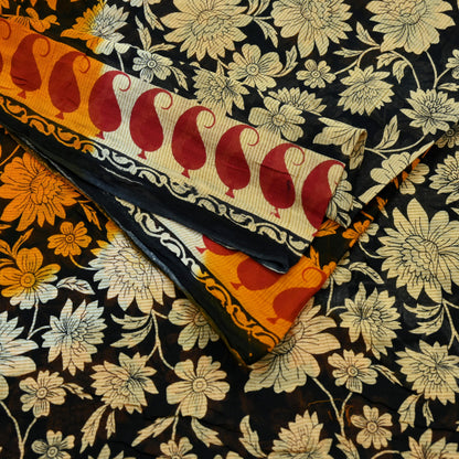 Indian Vintage Sari Black Printed 100% Pure Cotton Saree Craft Fabric 5Yd Sewing Sarong Wrap Boho Floral Dress making