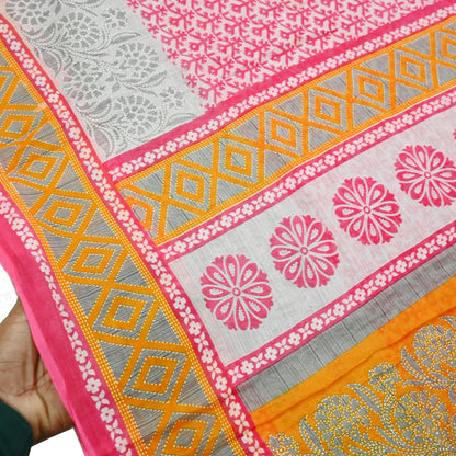 Indian Vintage Sari Gray & Pink Printed Blend Cotton Saree Craft Fabric 5Yd Soft Sewing Sarong Wrap Boho Paisley