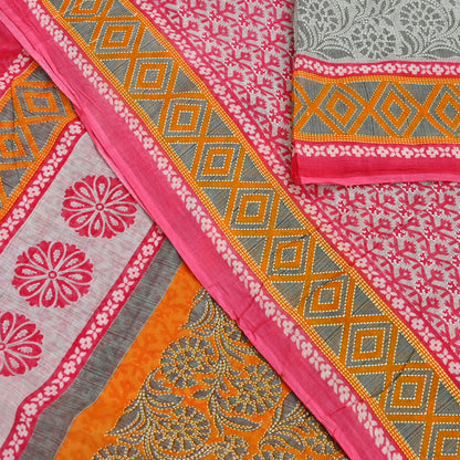Indian Vintage Sari Gray & Pink Printed Blend Cotton Saree Craft Fabric 5Yd Soft Sewing Sarong Wrap Boho Paisley