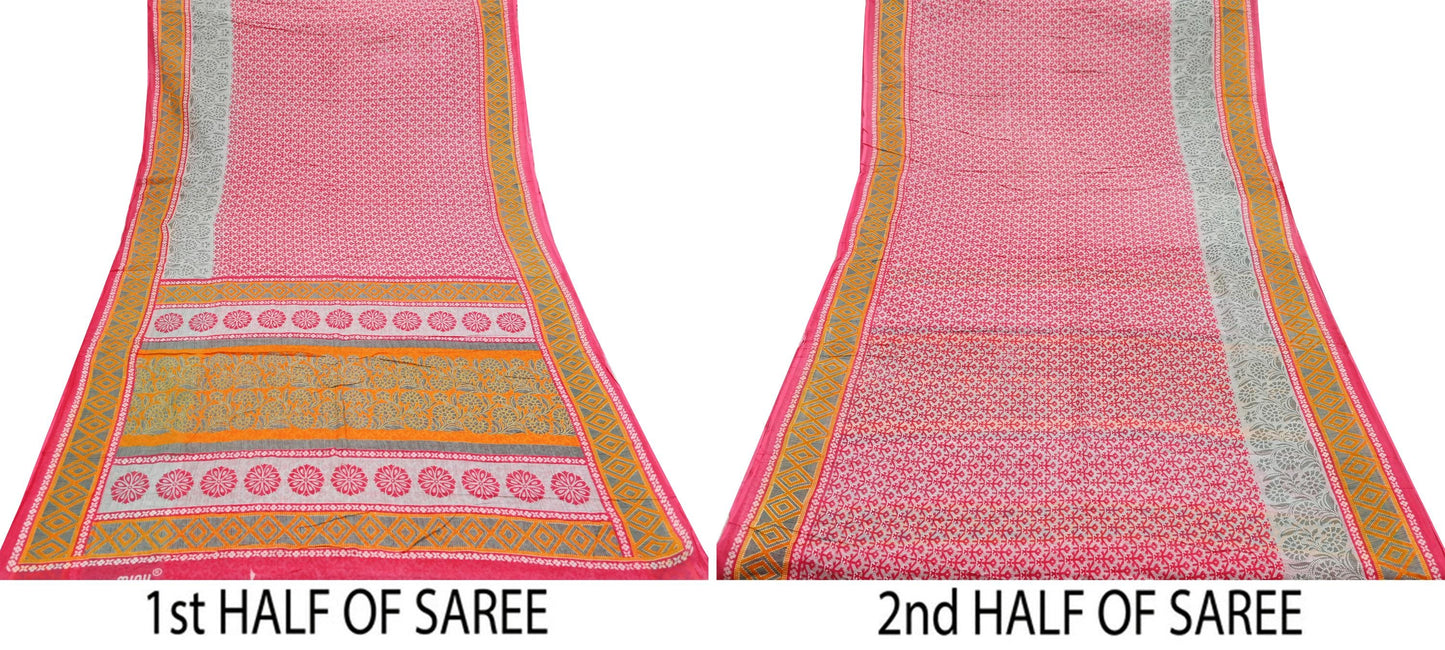 Indian Vintage Sari Gray & Pink Printed Blend Cotton Saree Craft Fabric 5Yd Soft Sewing Sarong Wrap Boho Paisley