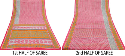 Indian Vintage Sari Gray & Pink Printed Blend Cotton Saree Craft Fabric 5Yd Soft Sewing Sarong Wrap Boho Paisley