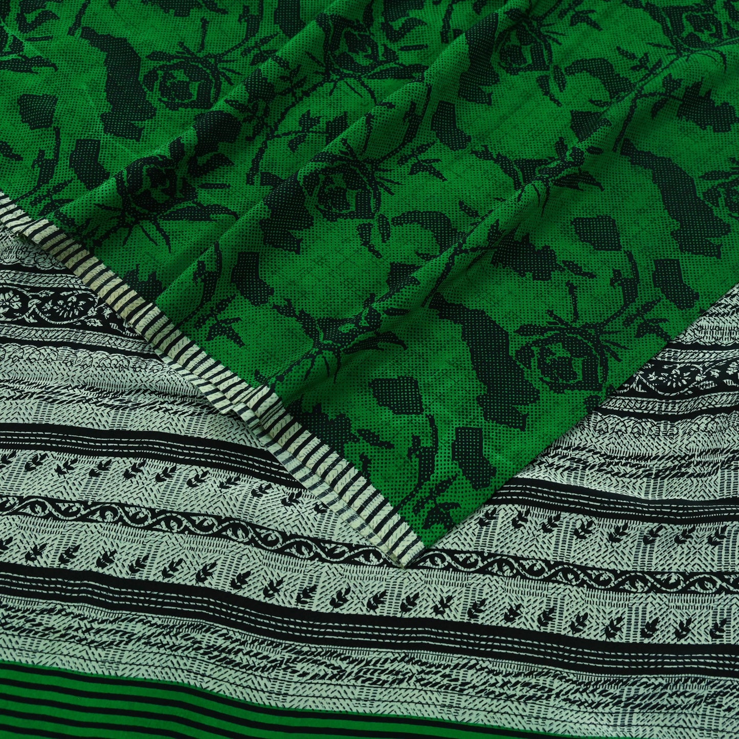 Indian Vintage Sari Green & Black Pure Crepe Silk Printed Sarees 5yd Sewing Floral Soft Craft Fabric Wrap Dress making Crafting Quilting