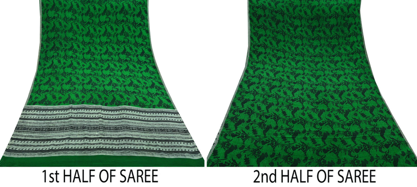 Indian Vintage Sari Green & Black Pure Crepe Silk Printed Sarees 5yd Sewing Floral Soft Craft Fabric Wrap Dress making Crafting Quilting