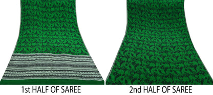Indian Vintage Sari Green & Black Pure Crepe Silk Printed Sarees 5yd Sewing Floral Soft Craft Fabric Wrap Dress making Crafting Quilting