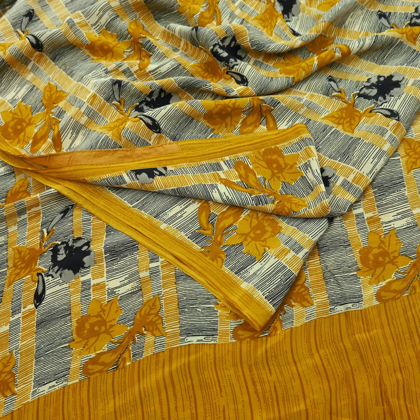 Indian Vintage Sari Mustard & Black Pure Crepe Silk Printed Sarees 5yd Sewing Soft Craft Fabric Floral Wrap Quilting Dress Making Crafting
