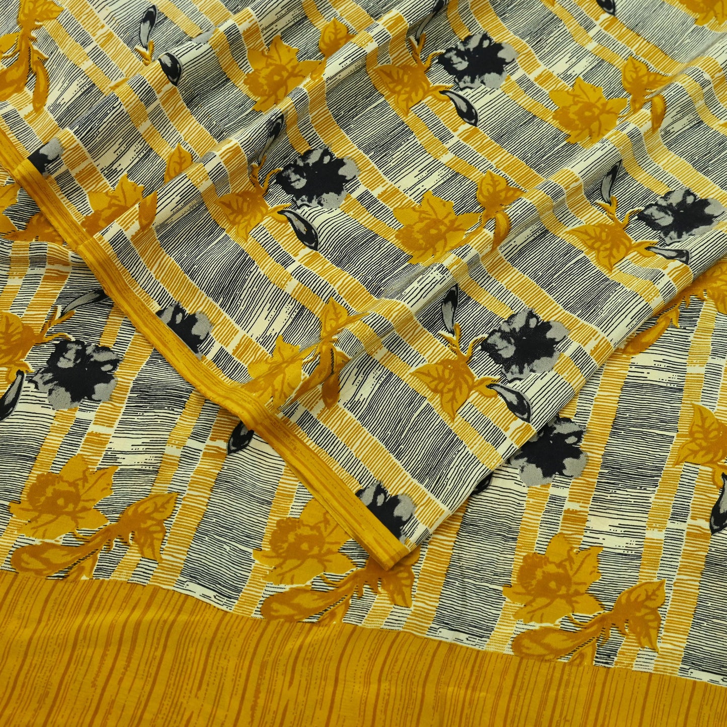 Indian Vintage Sari Mustard & Black Pure Crepe Silk Printed Sarees 5yd Sewing Soft Craft Fabric Floral Wrap Quilting Dress Making Crafting