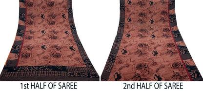Indian Vintage Brown & Black Saree Pure Crepe Silk Printed Sari 5yd Sewing Floral Soft Craft Fabric Wrap Dress Making Crafting Quilting